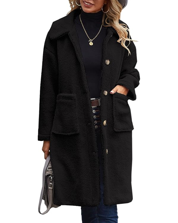 Angashion Women's Fuzzy Fleece Lapel Open Front Long Cardigan Coat Faux Fur Warm Winter Outwear J... | Amazon (US)