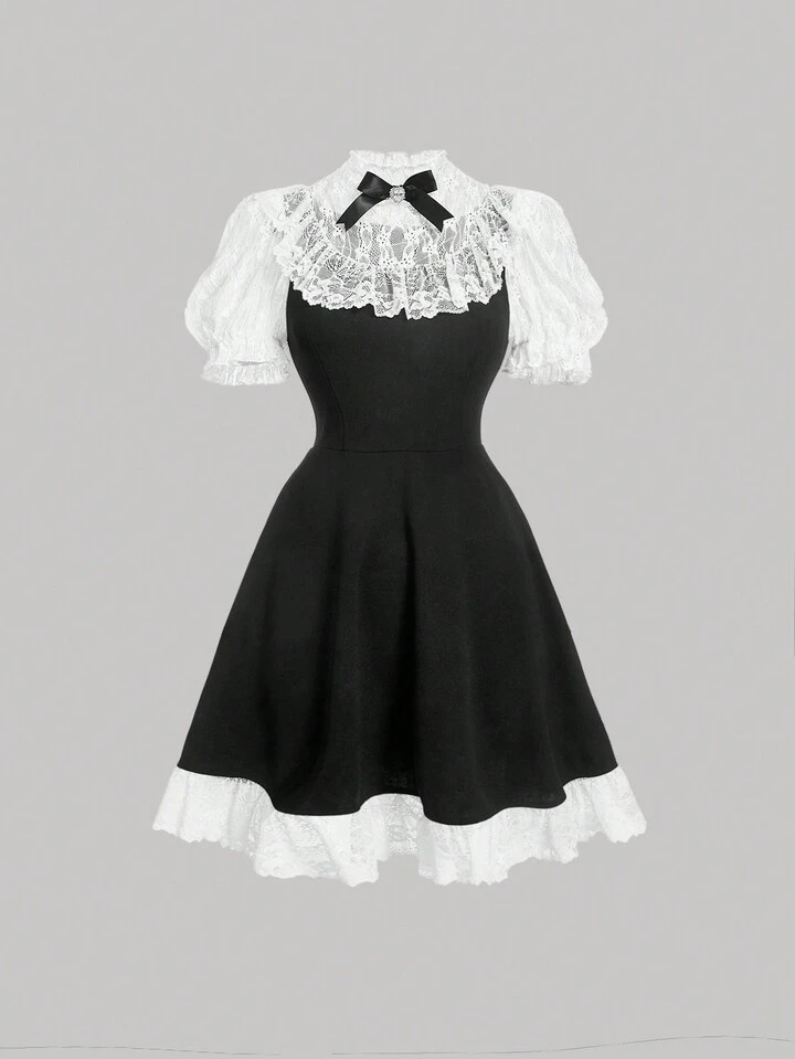 SHEIN MOD Contrast Lace Bow Front Puff Sleeve Dress | SHEIN