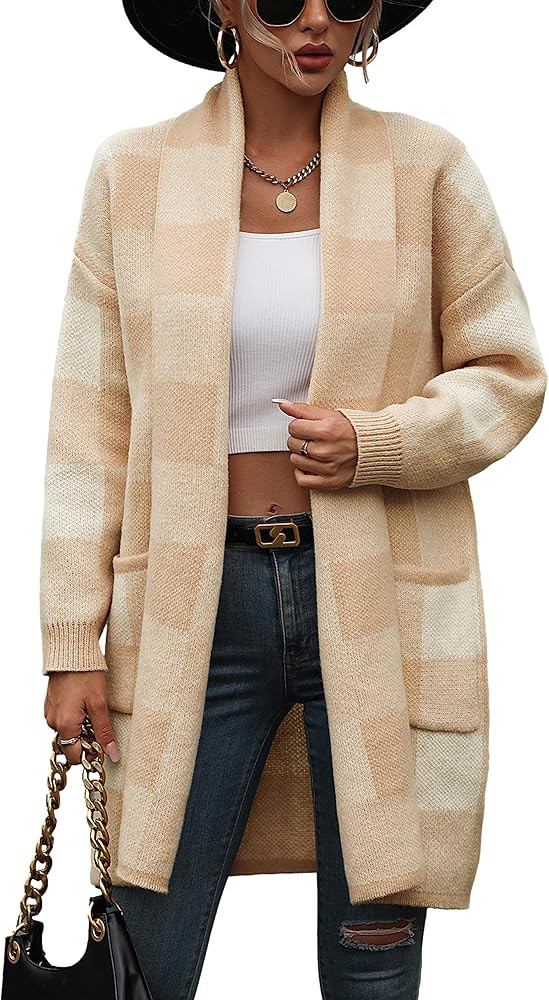 Women's Long Sleeve Plaid Open Front Cardigans Fall Winter Loose Fit Soft Chunky Knit Sweater Out... | Amazon (US)