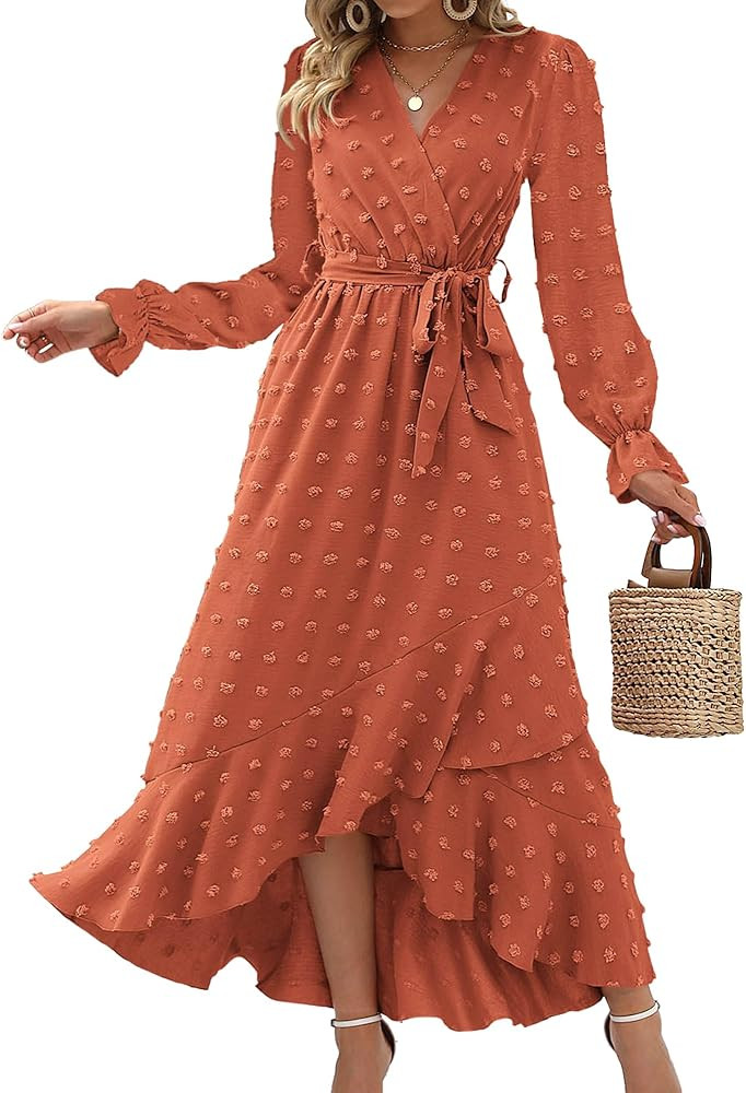 BTFBM Women's Boho Cocktail Maxi Dress 2024 Fall Fashion V Neck Swiss Dot Long Sleeve Flowy Slit ... | Amazon (US)