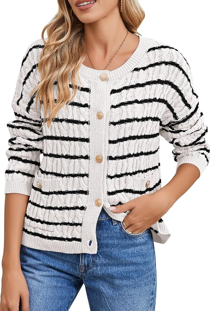Pink Queen Women's Cable Knit Sweater Cardigan 2024 Fall Long Sleeve Crewneck Button Down Stripe ... | Amazon (US)
