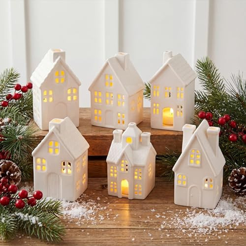 Leinuosen Set of 6 White Ceramic Christmas Village Houses Tabletop 5.1" Small Porcelain Winter Town Figurines for Farmhouse Rustic Xmas Tree Ornaments Holiday Centerpiece Mantel Shelf Decorations | Amazon (US)