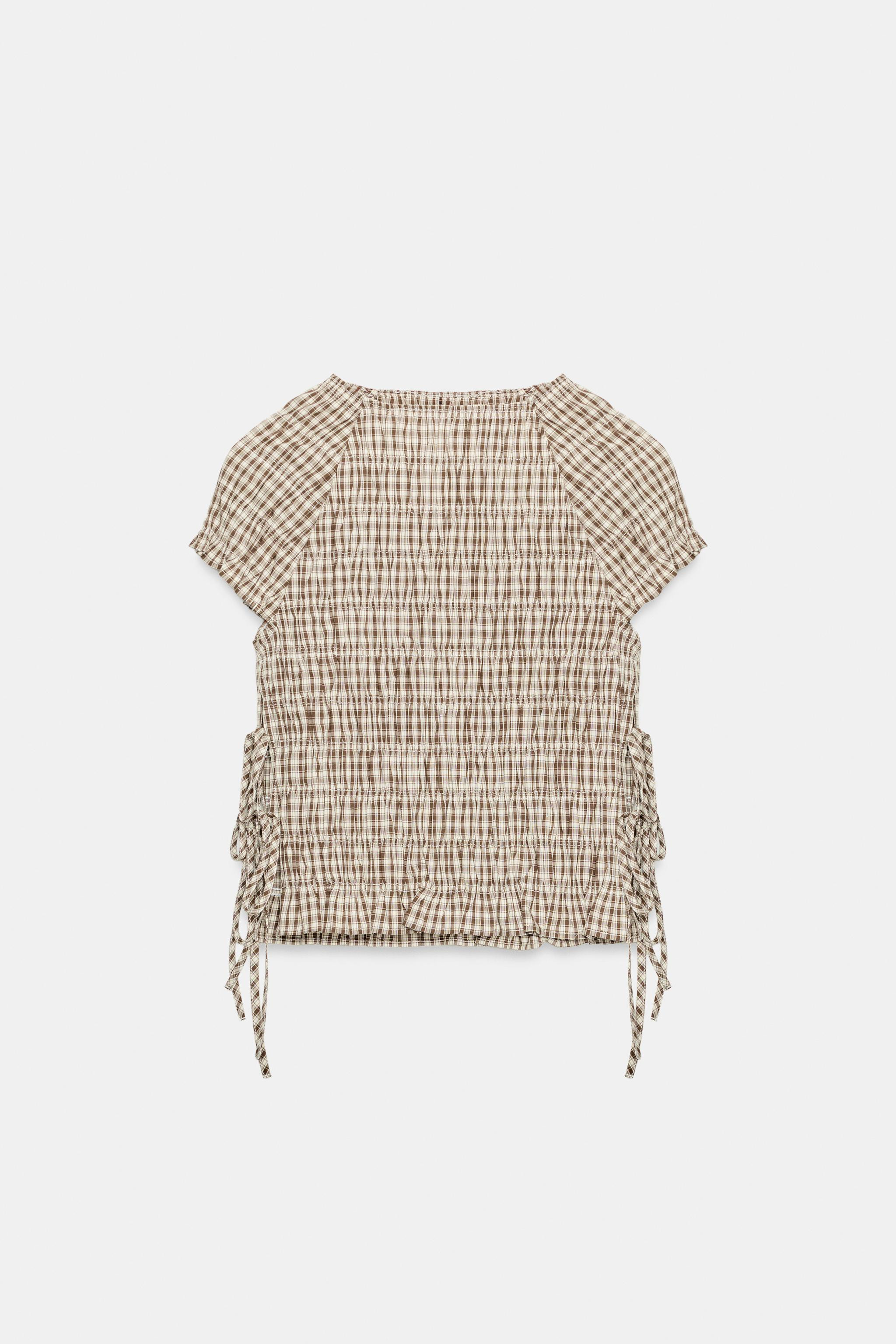 GATHERED CHECK POPLIN TOP | Zara UK