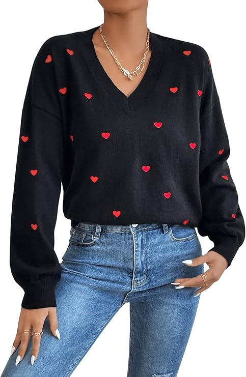 SweatyRocks Women's Casual V Neck Drop Shoulder Pullover Sweater Graphic Embroidery Knitted Sweat... | Amazon (US)