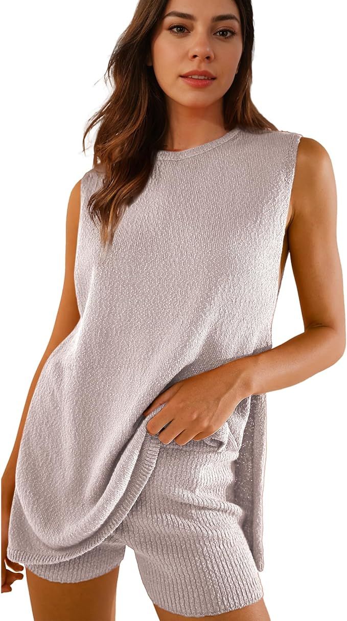 Hixiaohe Womens Pajamas Knit 2 Piece Sets for Women Sweater Outfits Beach Vacation Lounge Set Pul... | Amazon (US)
