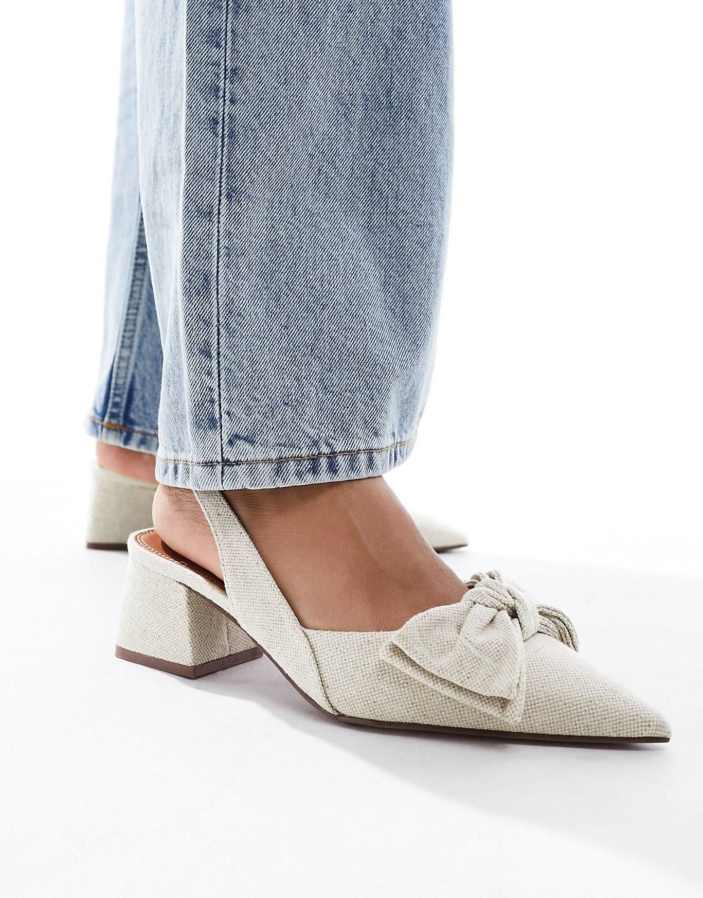 ASOS DESIGN Symphony bow slingback mid block heeled shoes in natural fabrication | ASOS (Global)