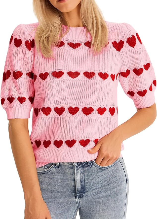 Saodimallsu Womens Heart Striped Sweaters Valentines Puff Short Sleeve Sweaters Cute Lightweight ... | Amazon (US)