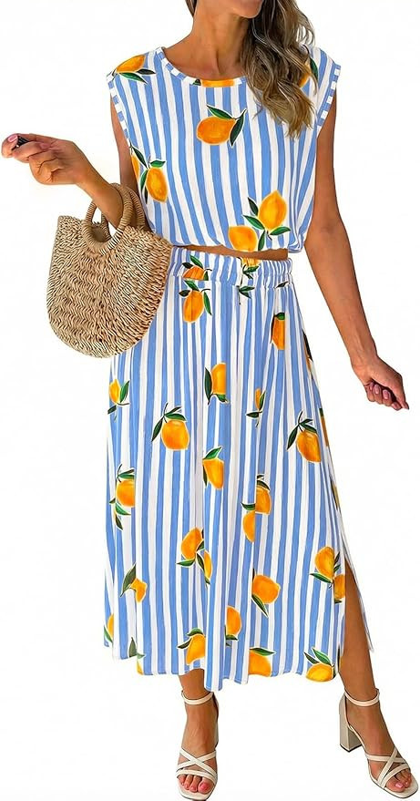 Tankaneo Womens Striped 2 Piece Skirt Sets Summer Lemon Print Sleeveless Tank Tops Maxi Dress Bea... | Amazon (US)
