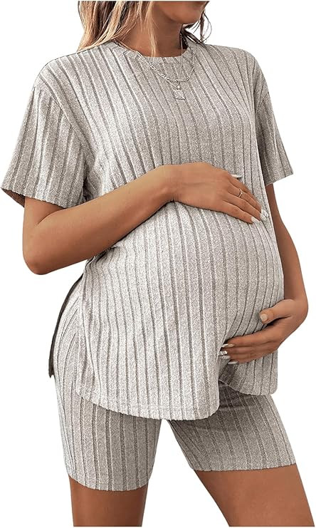 MakeMeChic Women's Maternity Pajamas 2 Piece Lounge Set Ribbed Knit T Shirt Biker Shorts Sleepwea... | Amazon (US)