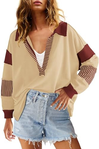 ReachMe Womens Striped Going Out Tops Oversized Sweatshirts V Neck Polo Shirts Colorblock Y2k Clothes Summer Outfits(Khaki,M) | Amazon (US)