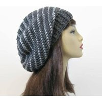 Crochet Slouchy Hat Gray Knit Beanie Dark Striped Crochet Women's Charcoal Beret Slouch Tam | Etsy (US)