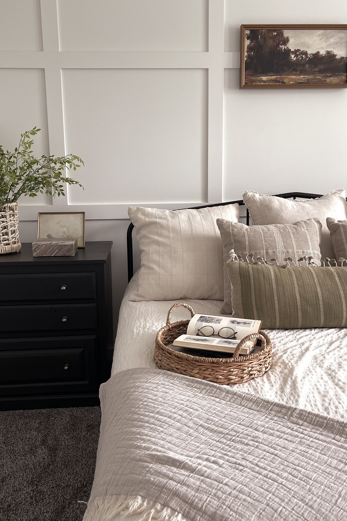 Cozy Modern Vintage master bedroom decor, black metal frame bed, muslin blanket, throw pillows, neutral bedroom decor, modern farmhouse bedroom, bedroom accent wall

#LTKFind #LTKhome #LTKstyletip