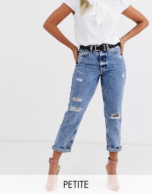 River Island Petite Bundy mum jeans with rips in mid wash | ASOS (Global)
