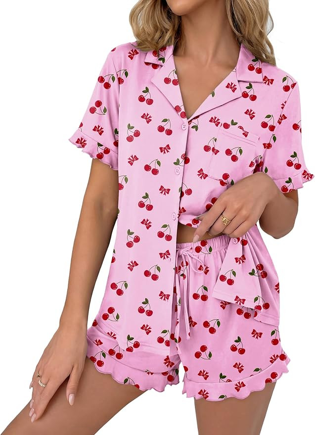Ekouaer Pajamas Set for Women Button Down Pjs Lounge Sets Ruffle Short Sleeve Sleepwear Cute Loun... | Amazon (US)