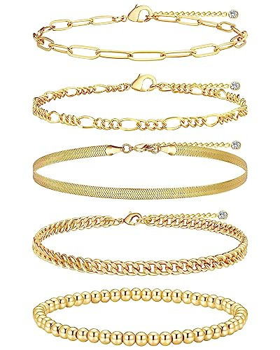 Gokeey Gold Ankle Bracelets Set for Women 14K Gold Plated Paperclip Herringbone Snake Chunky Cuban Link Chain Anklets Waterproof Layered Anklet Gold Jewelry Gift | Amazon (US)