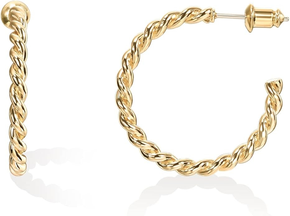 PAVOI 14K Gold Plated 2.5mm Twisted Rope Hoop Earrings for Women | Round Hoops Earrings | Amazon (US)