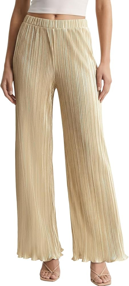 Gihuo Pleated Pants for Women Flowy Satin Pant Plisse Palazzo High Waist Dressy Trousers | Amazon (US)