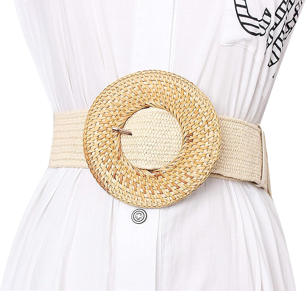 Women's Woven Straw Wide Belt Bohemia Beach Big Buckle Casual Elastic Waistband | Amazon (US)