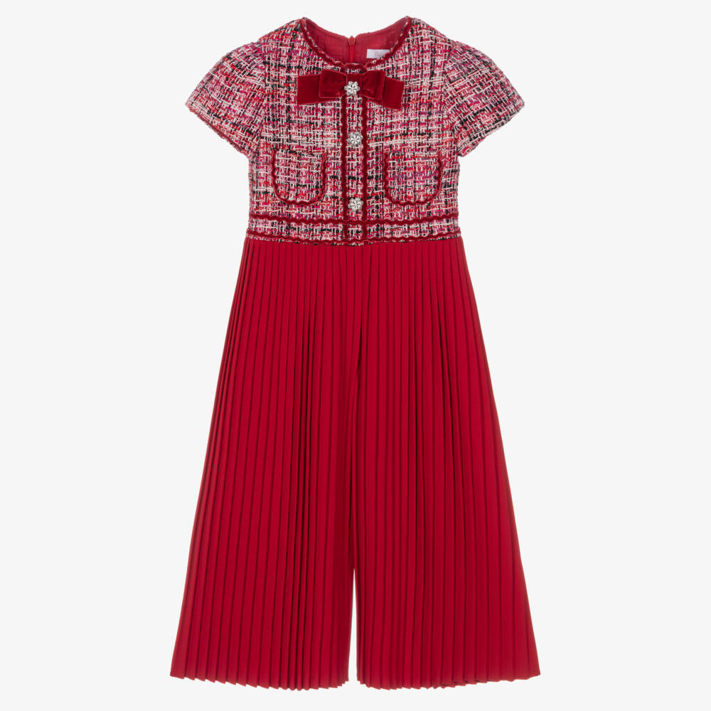 Girls Red Tweed Pleated Jumpsuit with Velvet Bow | Childrensalon