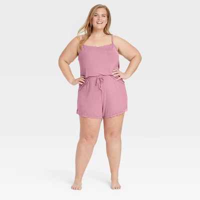 Women's Lace Trim Ribbed Cami Top and Shorts Pajama Set - Auden™ Mauve 1X: Modal Knit, Squareneck, Plus Size | Target