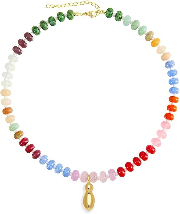 Elegant Boho Colorful Beaded Necklace with Gold Bubble Letter A-Z Pendant,Handmade Trendy Summer ... | Amazon (US)