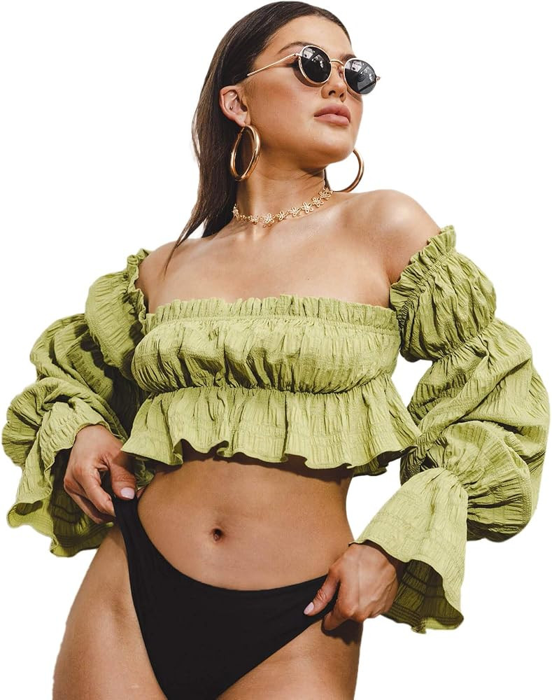 SheIn Women's Off Shoulder Puff Long Sleeve Crop Tops Ruffle Ruched Frill Sexy Blouse | Amazon (US)