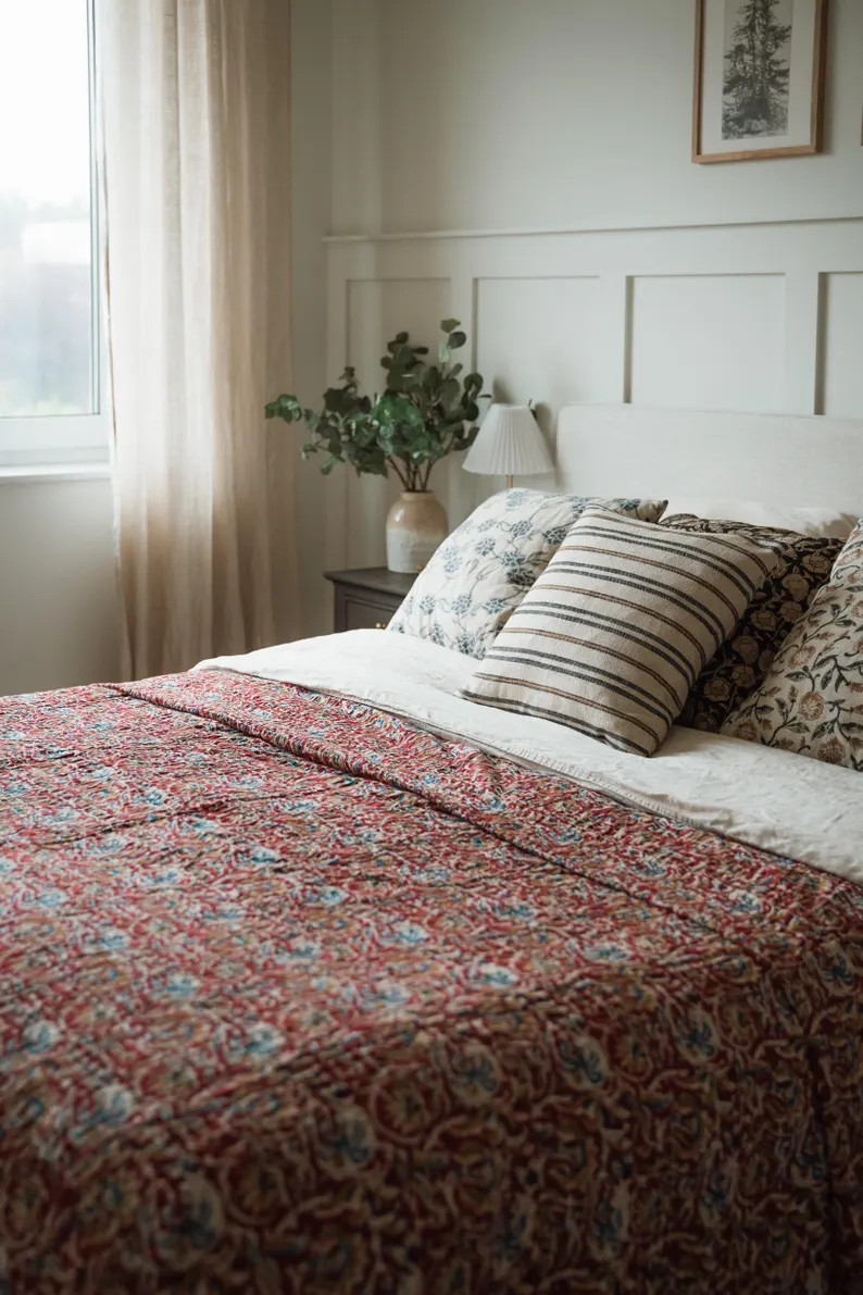 Premium Burgundy Ashlyn Kantha Quilt | Handmade Cotton Kantha Quilts | Indian Natural Color Beddi... | Etsy (US)