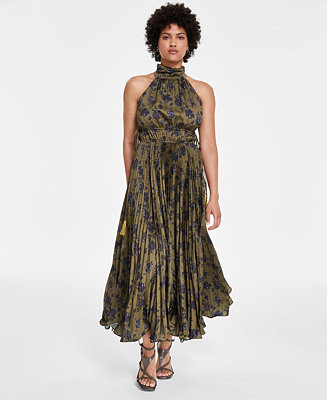 Taylor Women's Floral Print Pleated Halter Maxi Dress - Macy's | Macy's