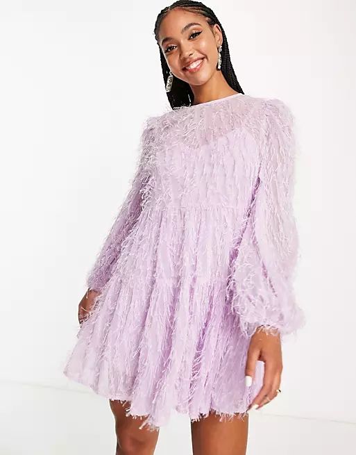 ASOS DESIGN tiered mini dress in fluffy texture in lilac | ASOS (Global)