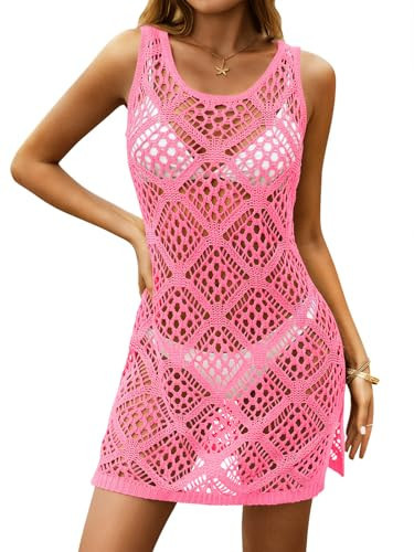 Yousify Womens Swimsuit Cover Up 2026 Summer Bathing Suit Cover ups Hollow Out Slit Bikini Cover Up Crochet Beach Dress Rose Red | Amazon (US)