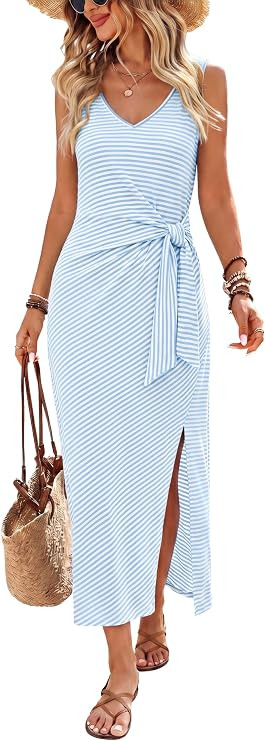 OFEEFAN Summer Dresses for Women 2026 V Neck Sleeveless Casual Dress Elegant Work Long Midi Dress... | Amazon (US)