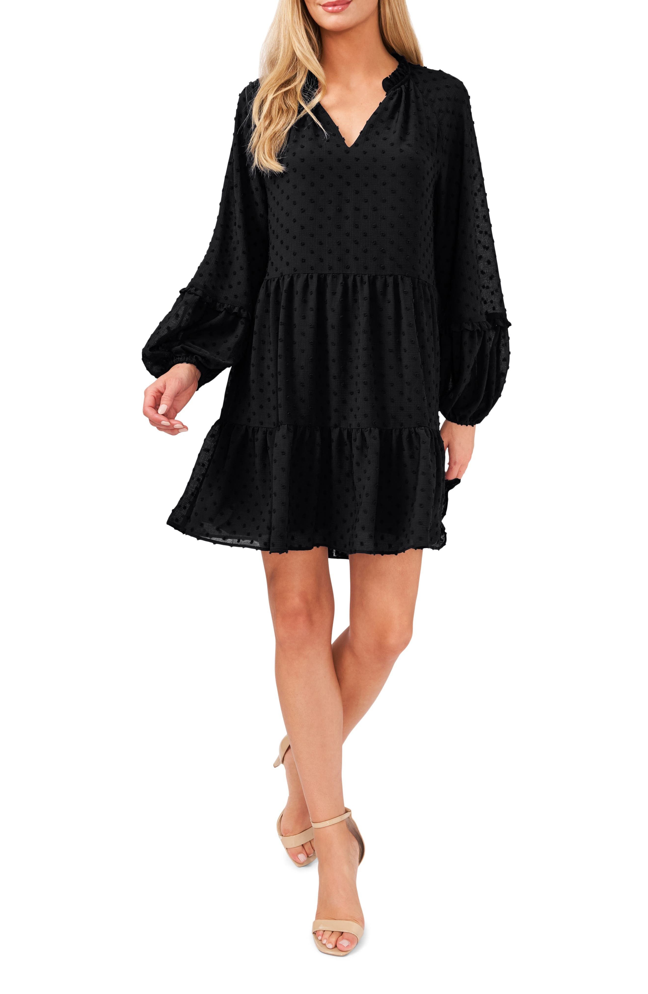 CeCe Clip Dot Ruffle Long Sleeve Shift Dress in Rich Black at Nordstrom, Size X-Large | Nordstrom