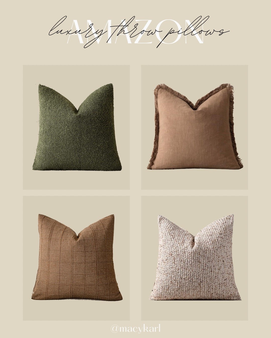 Affordable luxury throw pillow covers

Neutral throw pillows, green throw pillow, brown tan throw pillow, cream throw pillow, fall throw pillows 

#LTKFamily #LTKOver40 #LTKHome