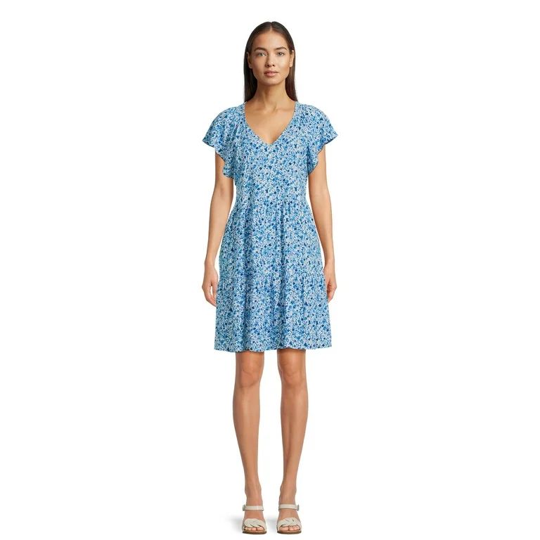 Time and Tru Women's Tiered V-Neck Dress with Flutter Sleeves, Sizes XS-XXXL - Walmart.com | Walmart (US)
