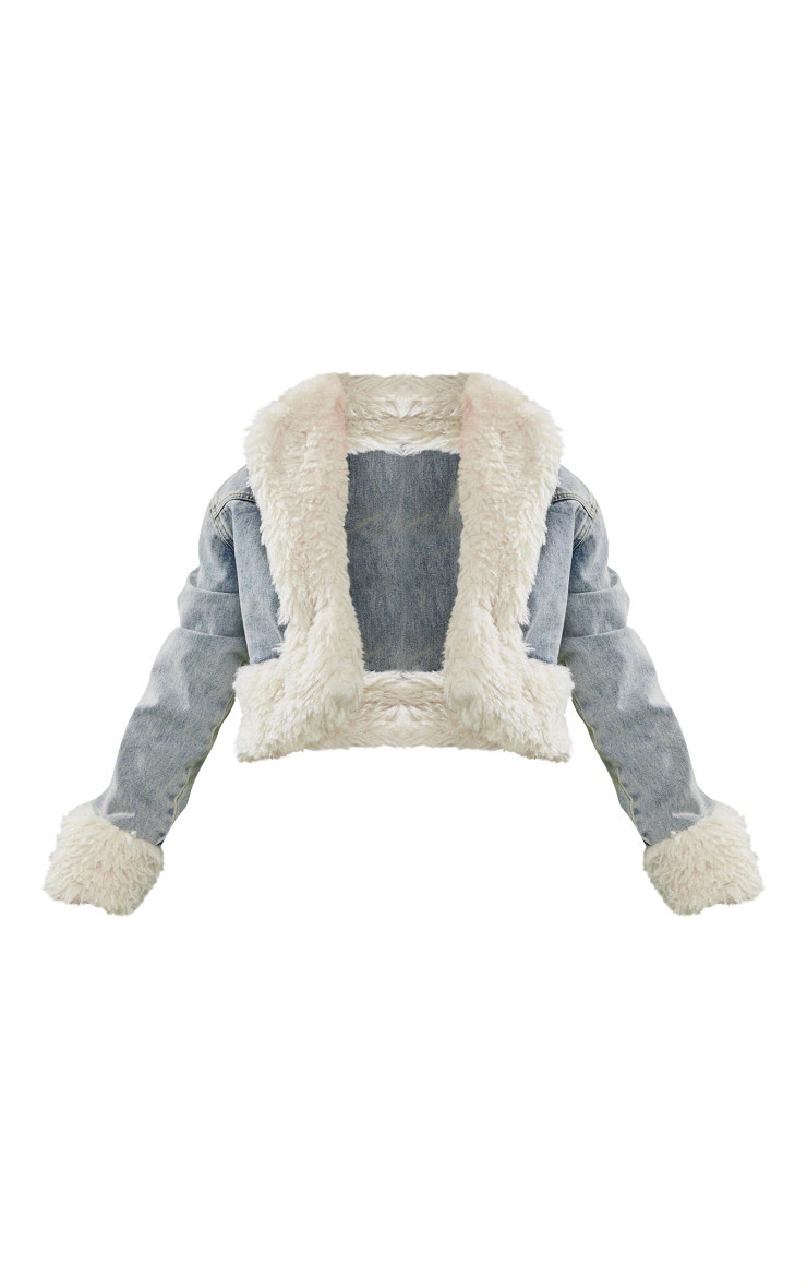 Vintage Wash Faux Fur Trim Cropped Denim Jacket | Pretty Little Thing (Australia & New Zealand)