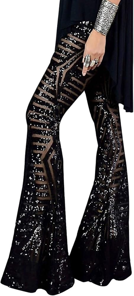 BLENCOT Women's Glitter Sequin Wide Leg Palazzo Pants High Waist Bell Bottoms Party Flared Trouse... | Amazon (US)