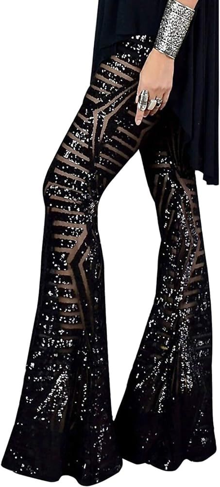 Bdcoco Womens High Waist Sequin Sparkle Flared Pants Wide Leg Bell Bottom Trousers | Amazon (US)