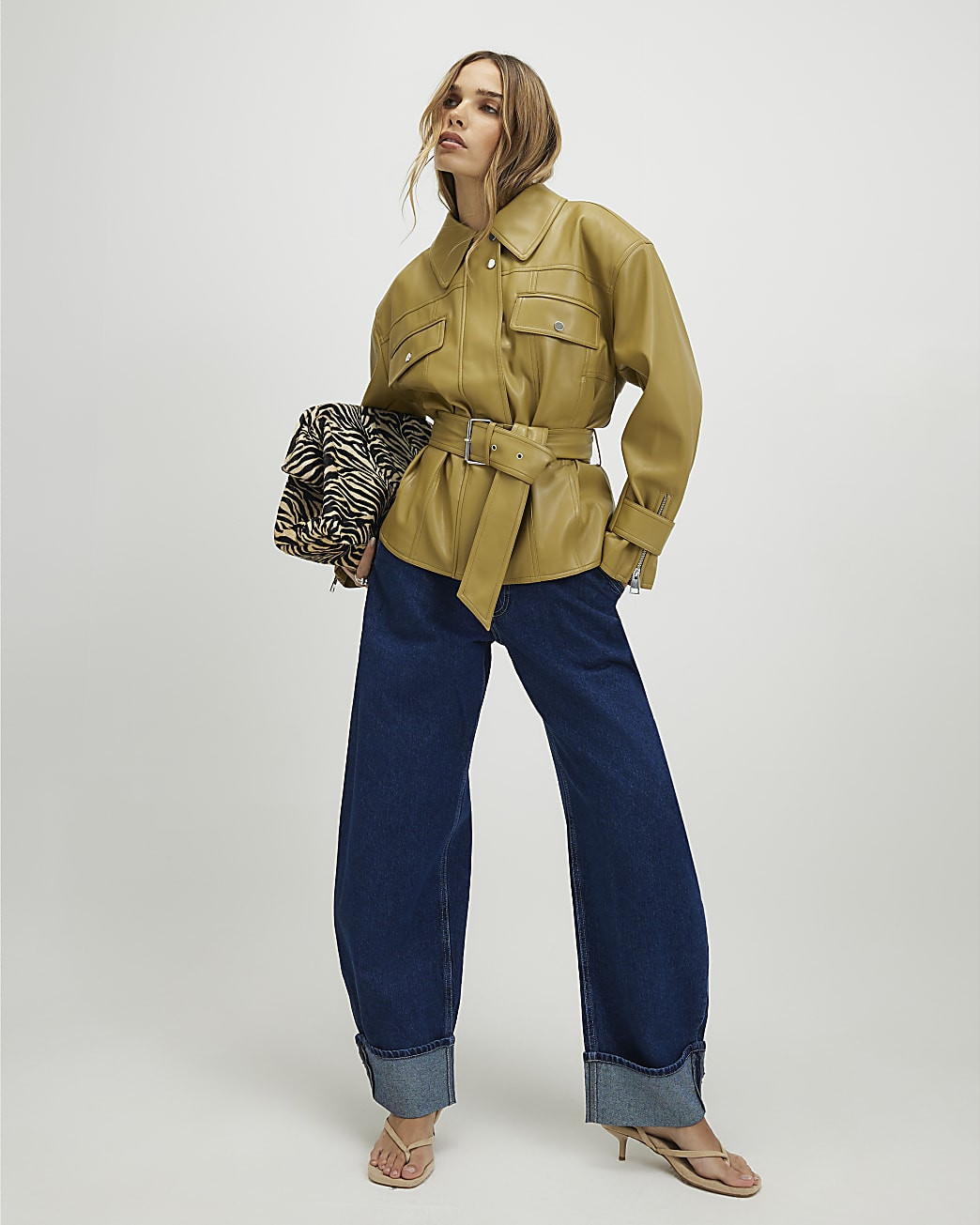 Green Faux Leather Belted Jacket | River Island UK & IE