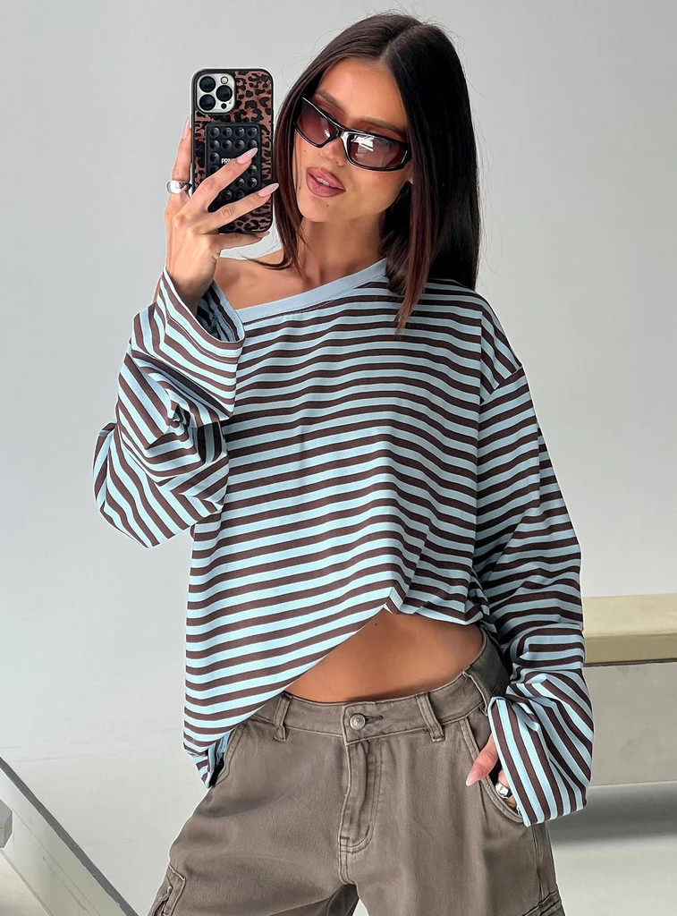 Settle Down One Shoulder Long Sleeve Top Chocolate / Blue Stripe | Princess Polly US