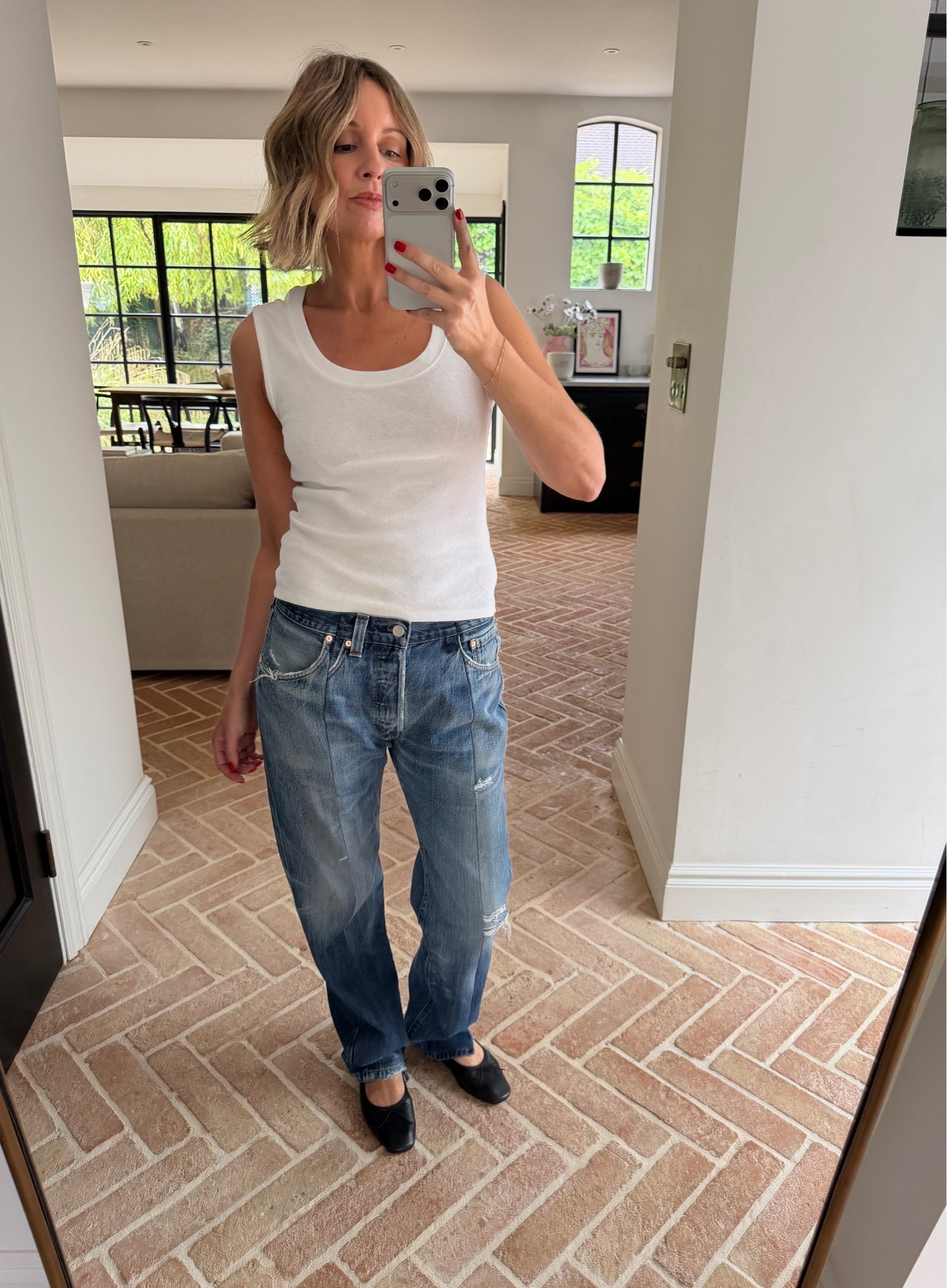 white ribbed tank top, scoop neck tank, vintage wash jeans, distressed denim, straight leg jeans, mid wash denim, black bow ballet flats, simple everyday outfit, weekend basics, effortless casual style, tonal denim outfit, layered gold jewelry, quiet luxury, elevated basics, minimalist off duty look, ltkstyletip, ltkseasonal, ltkfindsunder100, outfit inspo, capsule wardrobe essentials

#LTKsummer #LTKeurope #LTKjeans