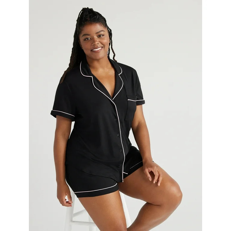 Joyspun Women’s Short Sleeve Notch Collar Top and Shorts Knit Pajama Set, 2-Piece, Sizes S to 3... | Walmart (US)