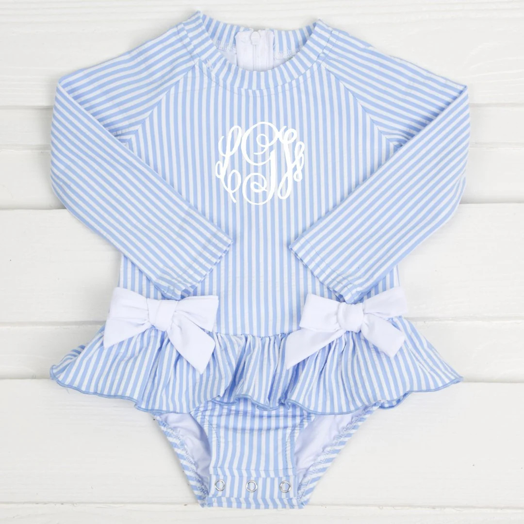 French Blue One Piece Peplum Seersucker Rash Guard | Classic Whimsy