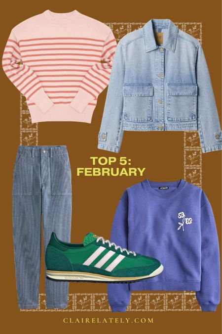 Best Sellers from February - minnow sweater, JCrew spring sweatshirt, Boden railroad pants, gap denim jacket, adidas sneakers
❤️ Claire Lately 

#LTKsalealert #LTKstyletip #LTKSeasonal