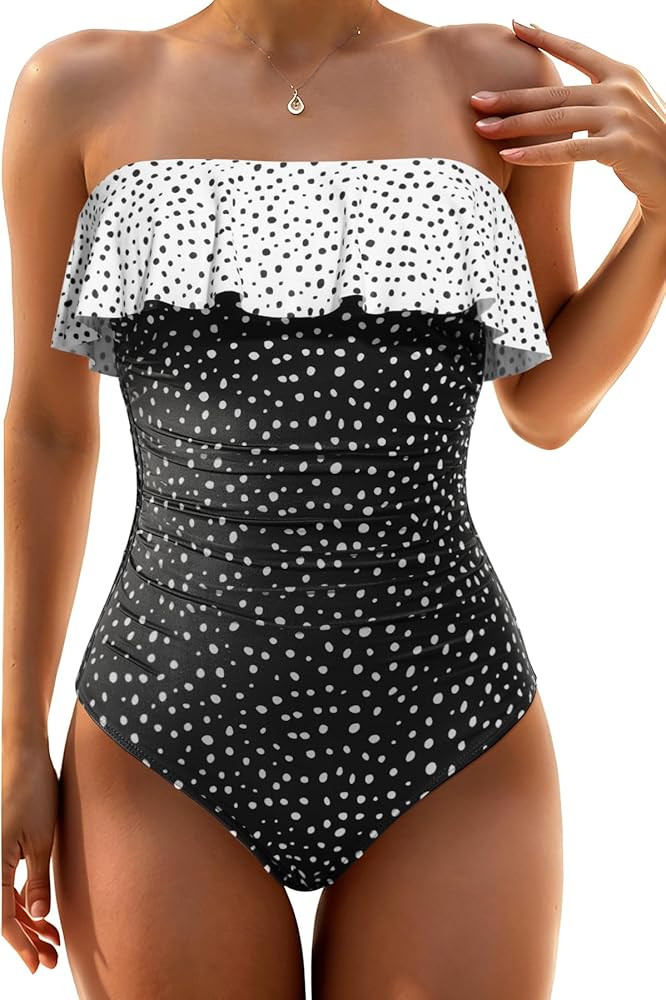 Holipick Strapless One Piece Swimsuits for Women Tummy Control Bandeau Bathing Suits Ruffle Slimm... | Amazon (US)
