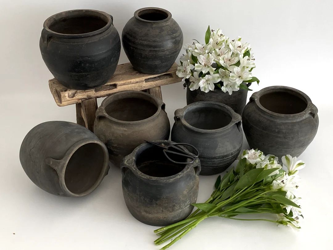 Vintage Black Gray Pottery Jugs Pots Vases | Etsy (US)