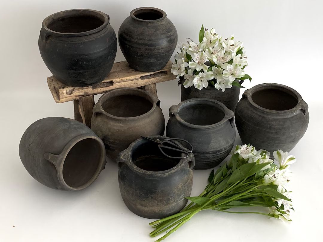Vintage Black Gray Pottery Jugs Pots Vases | Etsy (US)