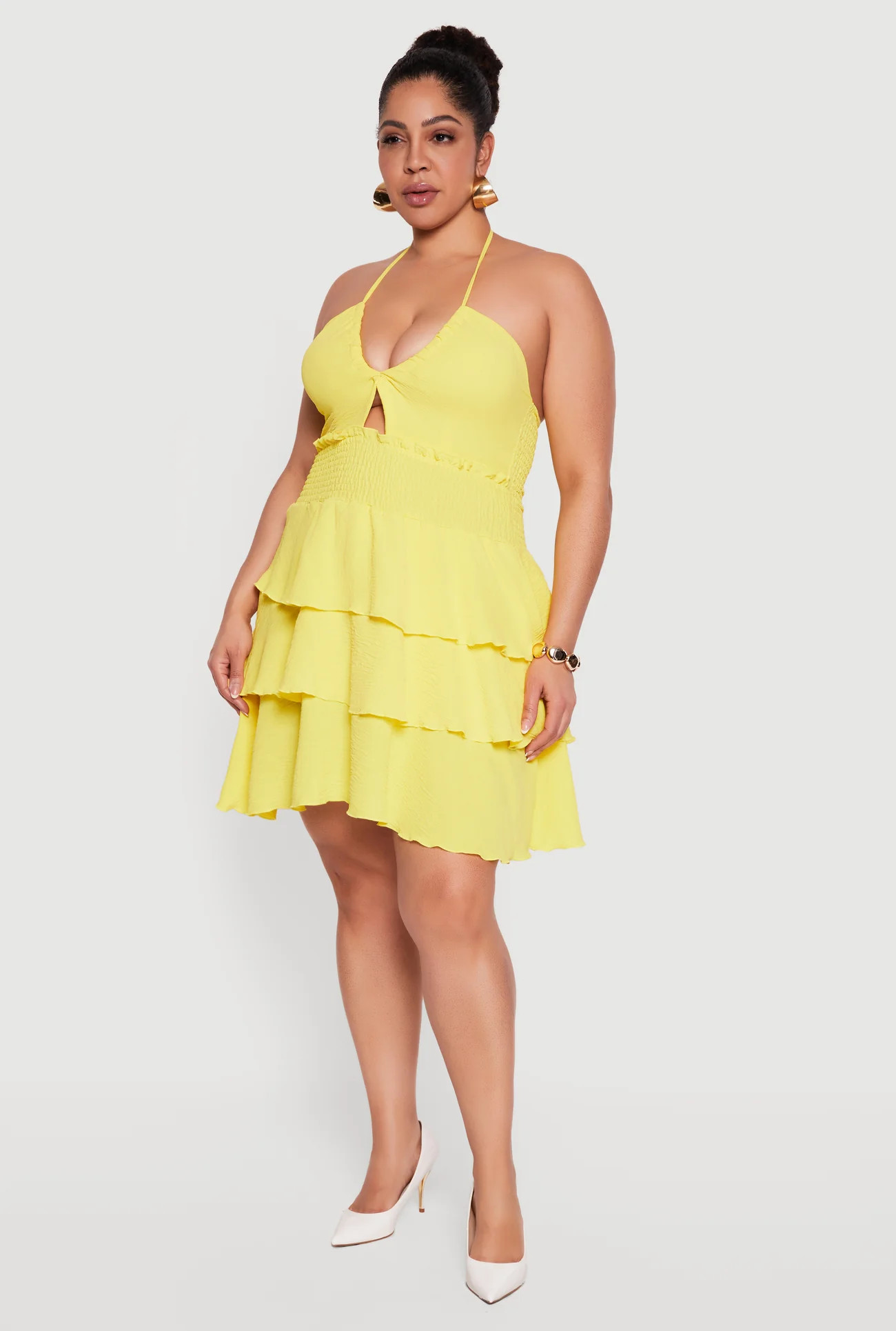 Plus Size Smocked Tiered Ruffle Halter Neck Mini Dress | Rainbow Shops