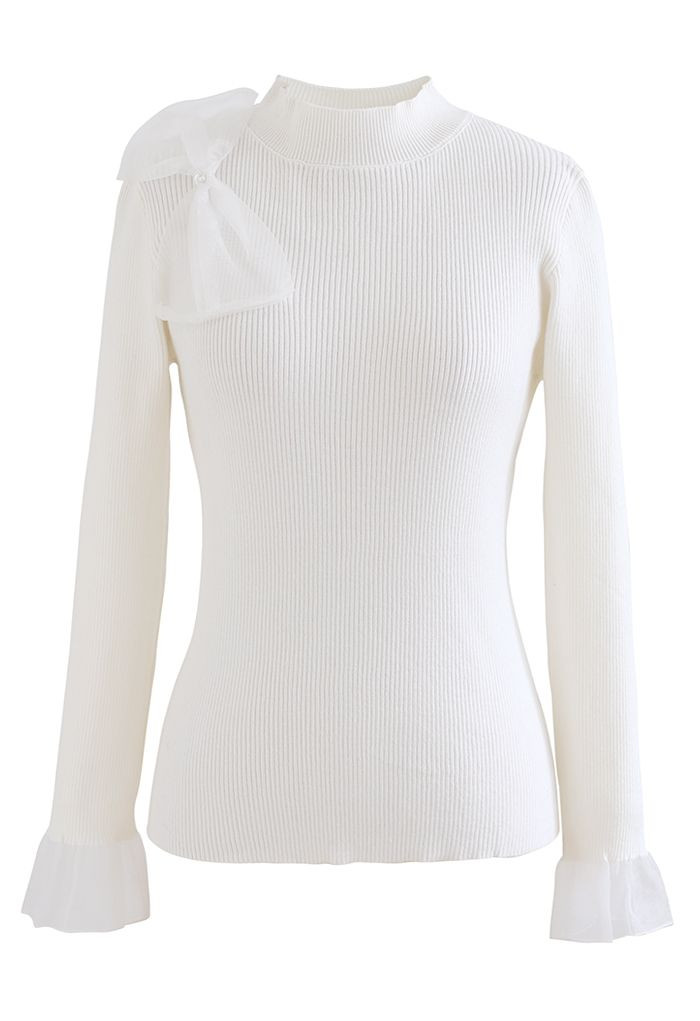 Sheer Side Bowknot High Neck Knit Top in White | Chicwish