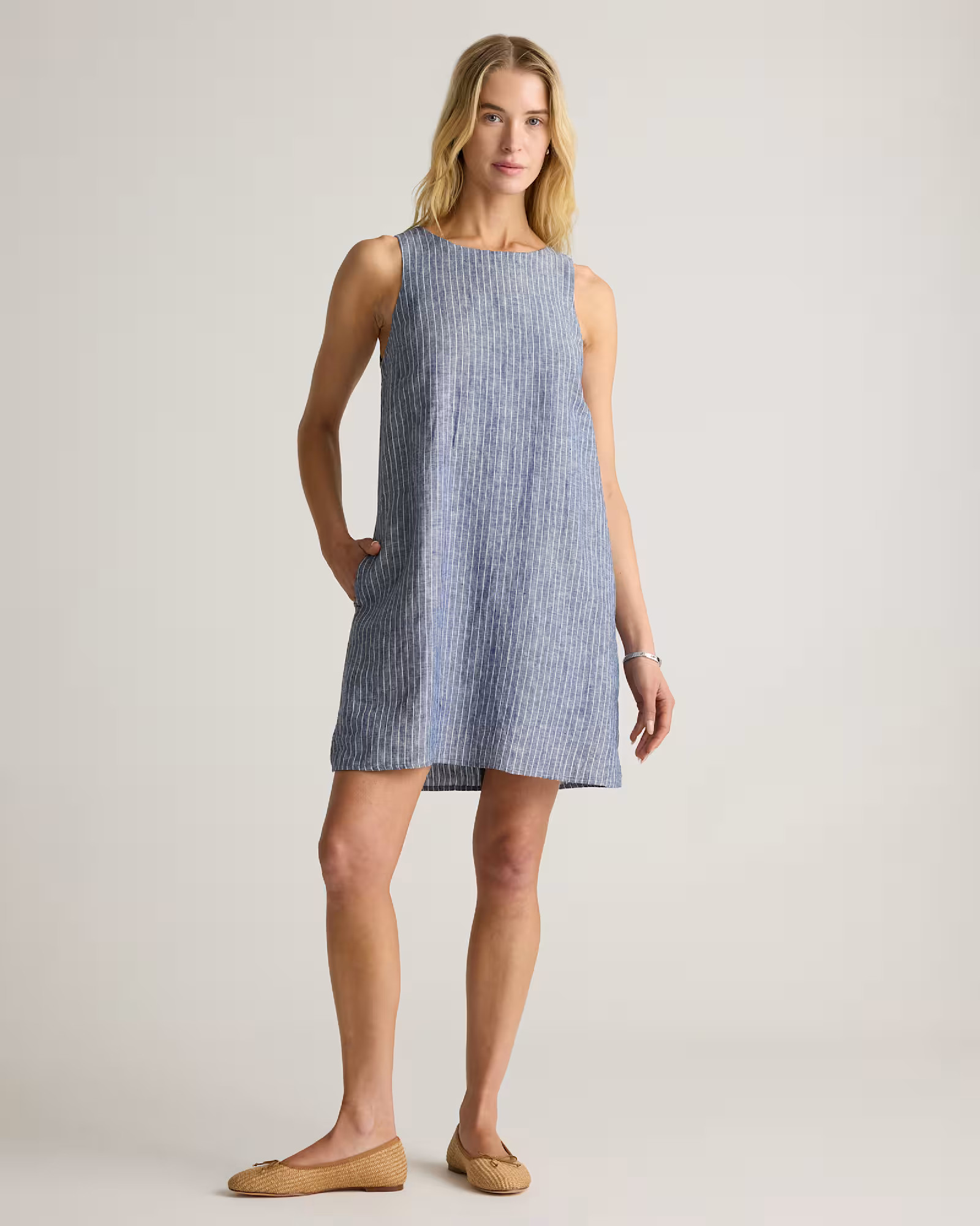 100% European Linen Tank Mini Dress in Chambray Stripe | Quince