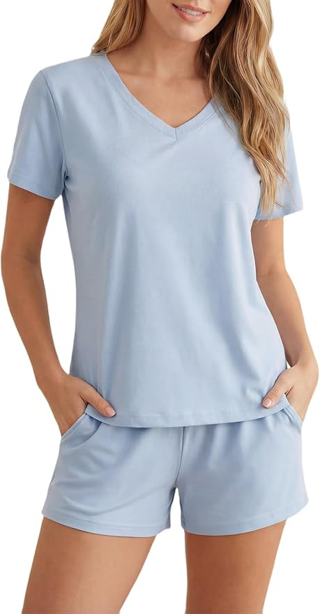 LUBOT 2026 100% Cotton Pajamas for Women PJ Lounge Set with Pockets 2 Piece Soft V Neck Short Sle... | Amazon (US)